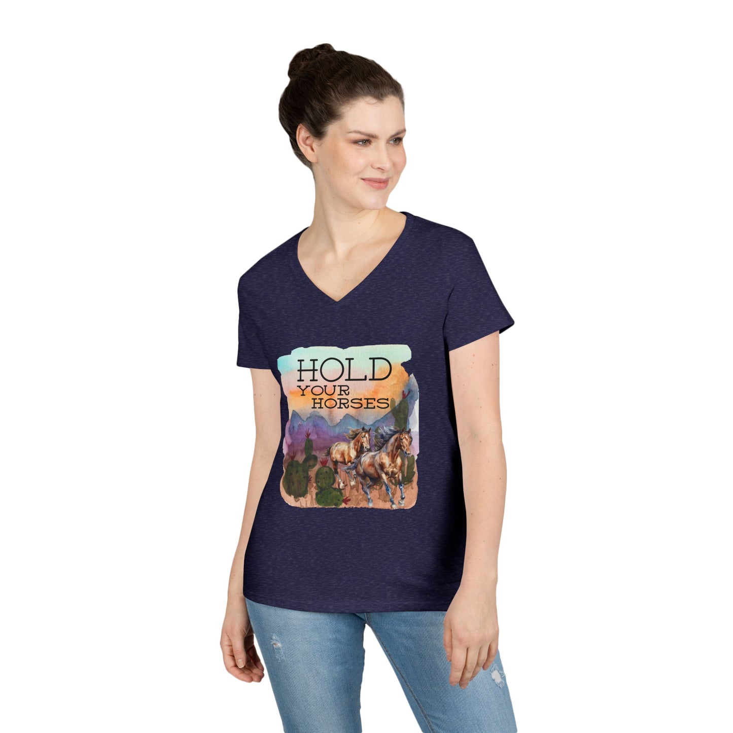 Ladies' V-Neck T-Shirt - "Hold Your Horses" Watercolor Design - Perfect for Equestrian Lovers
