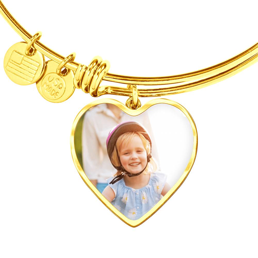 Personalized Photo Heart Bangle - Custom Engraved Jewelry - Stainless Steel & 18K Gold - Made in USA Gift