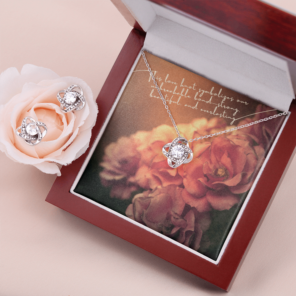 Love Knot Necklace & Earring Set – 14k White Gold over Stainless Steel, Cubic Zirconia Jewelry Gift for Her – Anniversary, Birthday, Mother's Day