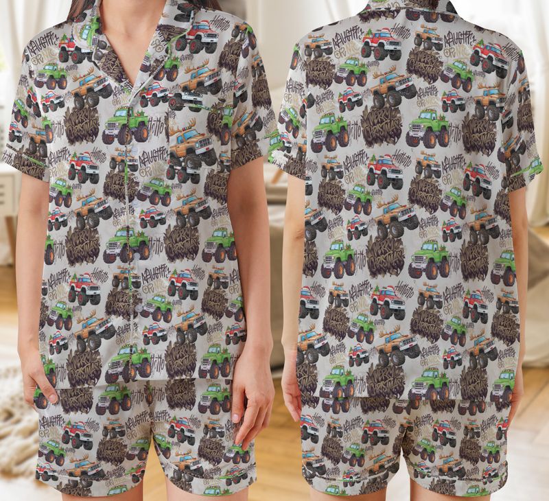 Holiday Monster Trucks Kid and Youth Satin Short-Sleeve Pajamas Set