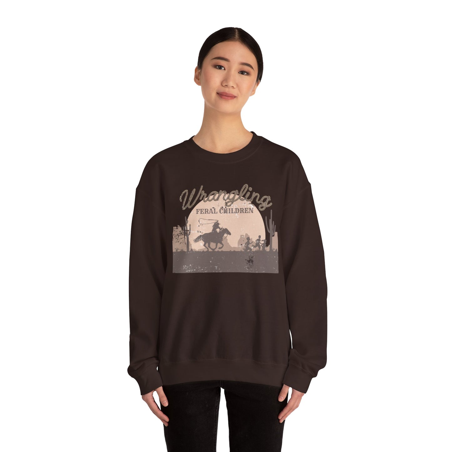 Wrangling Feral Children Crewneck Sweatshirt, Cozy Unisex Sweater, Western Style, Gift for Cowboy Lovers, Casual Everyday