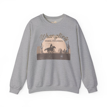 Wrangling Feral Children Crewneck Sweatshirt, Cozy Unisex Sweater, Western Style, Gift for Cowboy Lovers, Casual Everyday