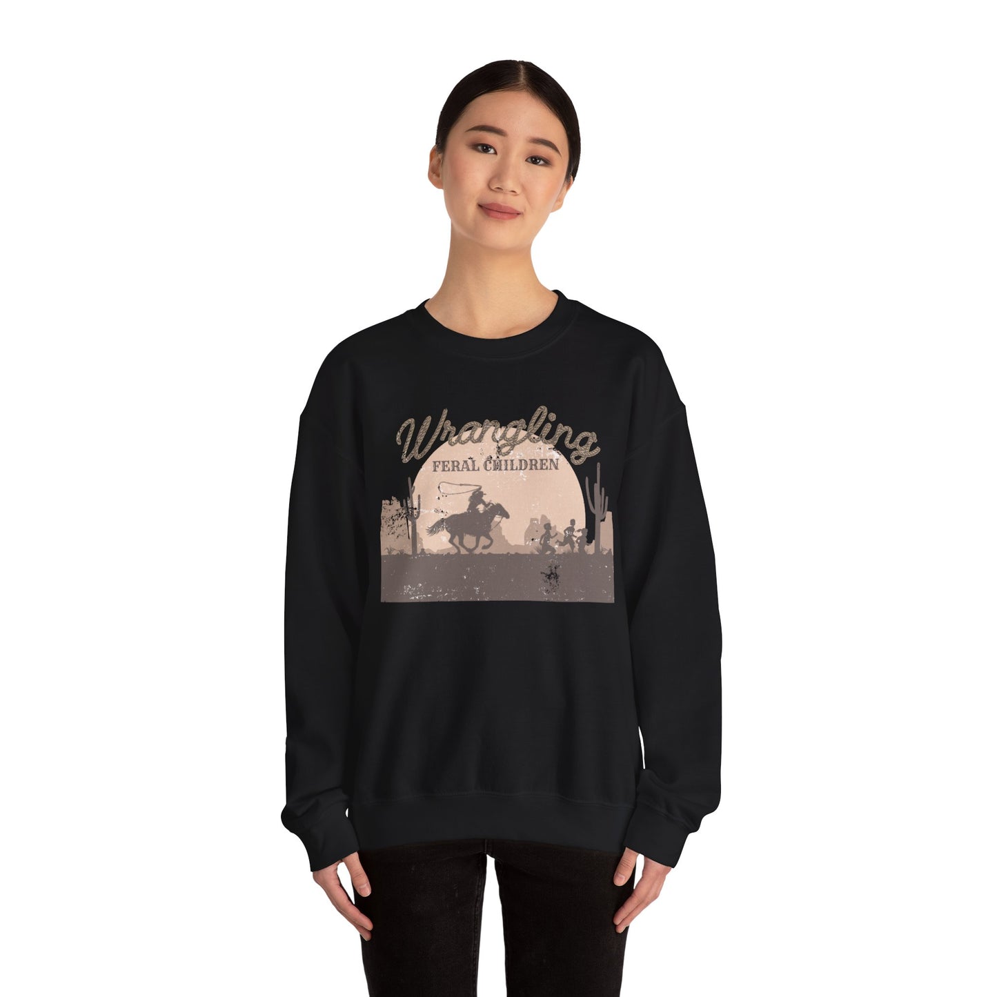 Wrangling Feral Children Crewneck Sweatshirt, Cozy Unisex Sweater, Western Style, Gift for Cowboy Lovers, Casual Everyday