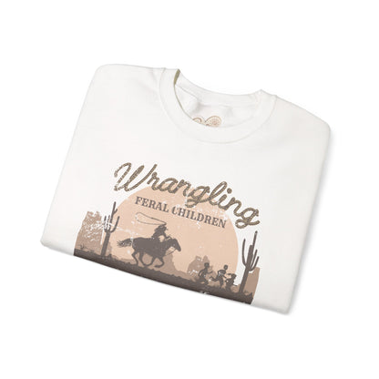 Wrangling Feral Children Crewneck Sweatshirt, Cozy Unisex Sweater, Western Style, Gift for Cowboy Lovers, Casual Everyday