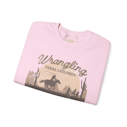 Wrangling Feral Children Crewneck Sweatshirt, Cozy Unisex Sweater, Western Style, Gift for Cowboy Lovers, Casual Everyday