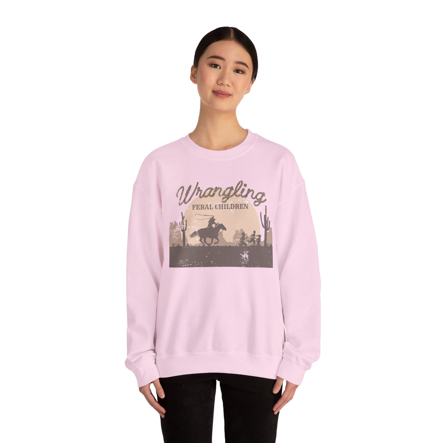 Wrangling Feral Children Crewneck Sweatshirt, Cozy Unisex Sweater, Western Style, Gift for Cowboy Lovers, Casual Everyday