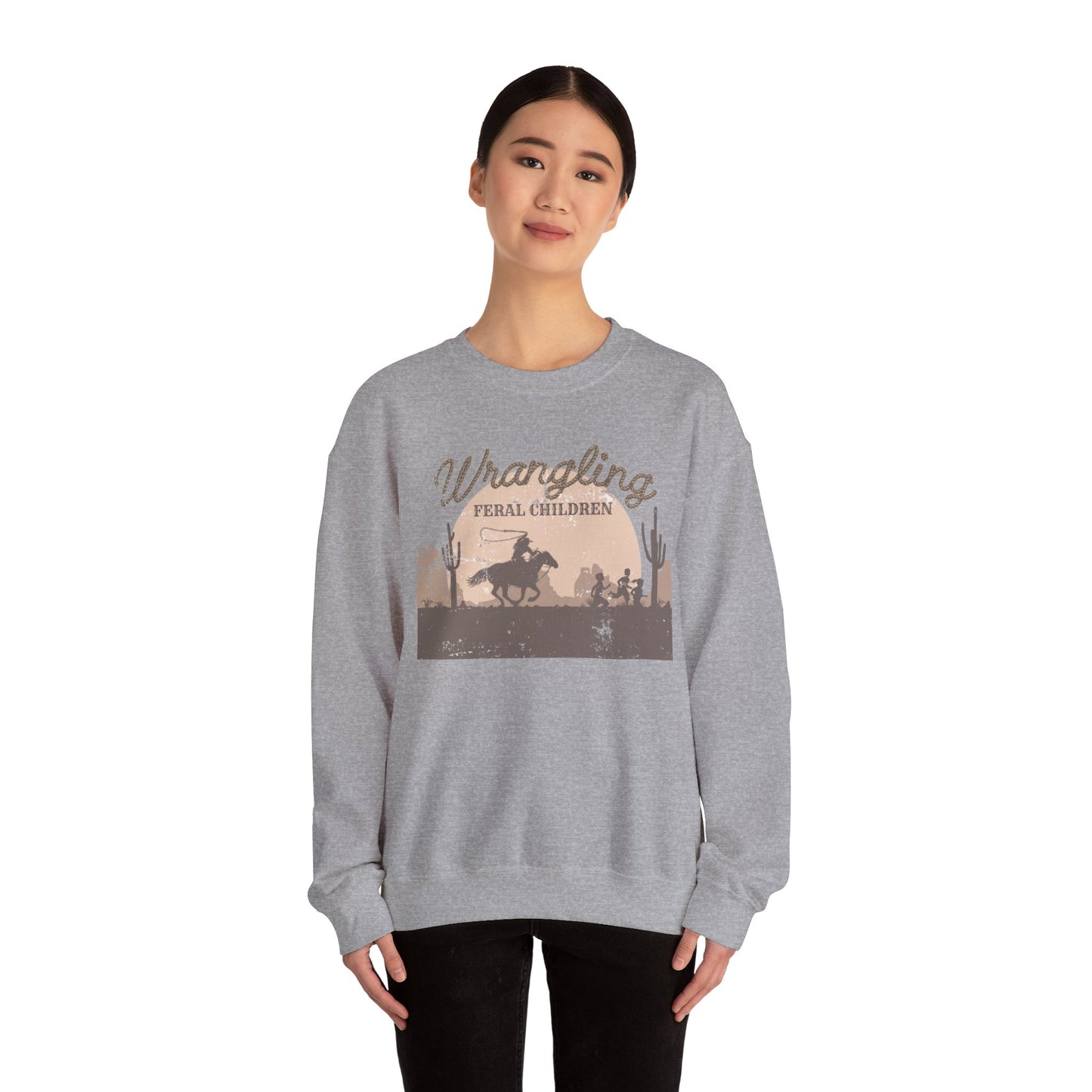 Wrangling Feral Children Crewneck Sweatshirt, Cozy Unisex Sweater, Western Style, Gift for Cowboy Lovers, Casual Everyday