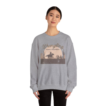 Wrangling Feral Children Crewneck Sweatshirt, Cozy Unisex Sweater, Western Style, Gift for Cowboy Lovers, Casual Everyday
