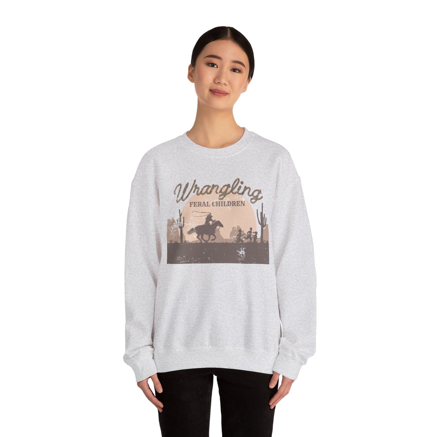 Wrangling Feral Children Crewneck Sweatshirt, Cozy Unisex Sweater, Western Style, Gift for Cowboy Lovers, Casual Everyday