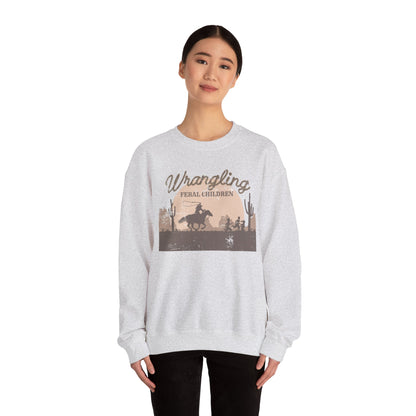 Wrangling Feral Children Crewneck Sweatshirt, Cozy Unisex Sweater, Western Style, Gift for Cowboy Lovers, Casual Everyday