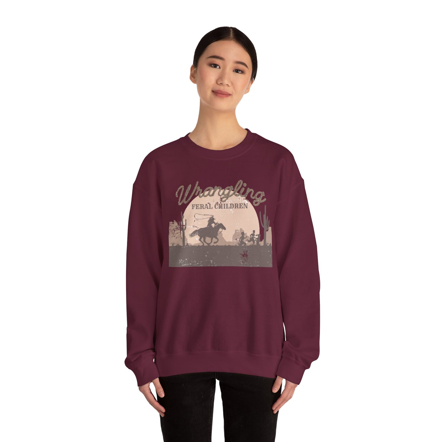 Wrangling Feral Children Crewneck Sweatshirt, Cozy Unisex Sweater, Western Style, Gift for Cowboy Lovers, Casual Everyday