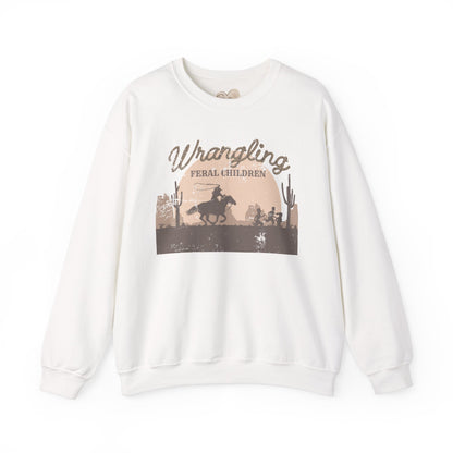 Wrangling Feral Children Crewneck Sweatshirt, Cozy Unisex Sweater, Western Style, Gift for Cowboy Lovers, Casual Everyday