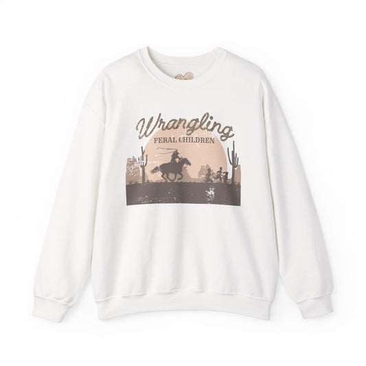 Wrangling Feral Children Crewneck Sweatshirt, Cozy Unisex Sweater, Western Style, Gift for Cowboy Lovers, Casual Everyday