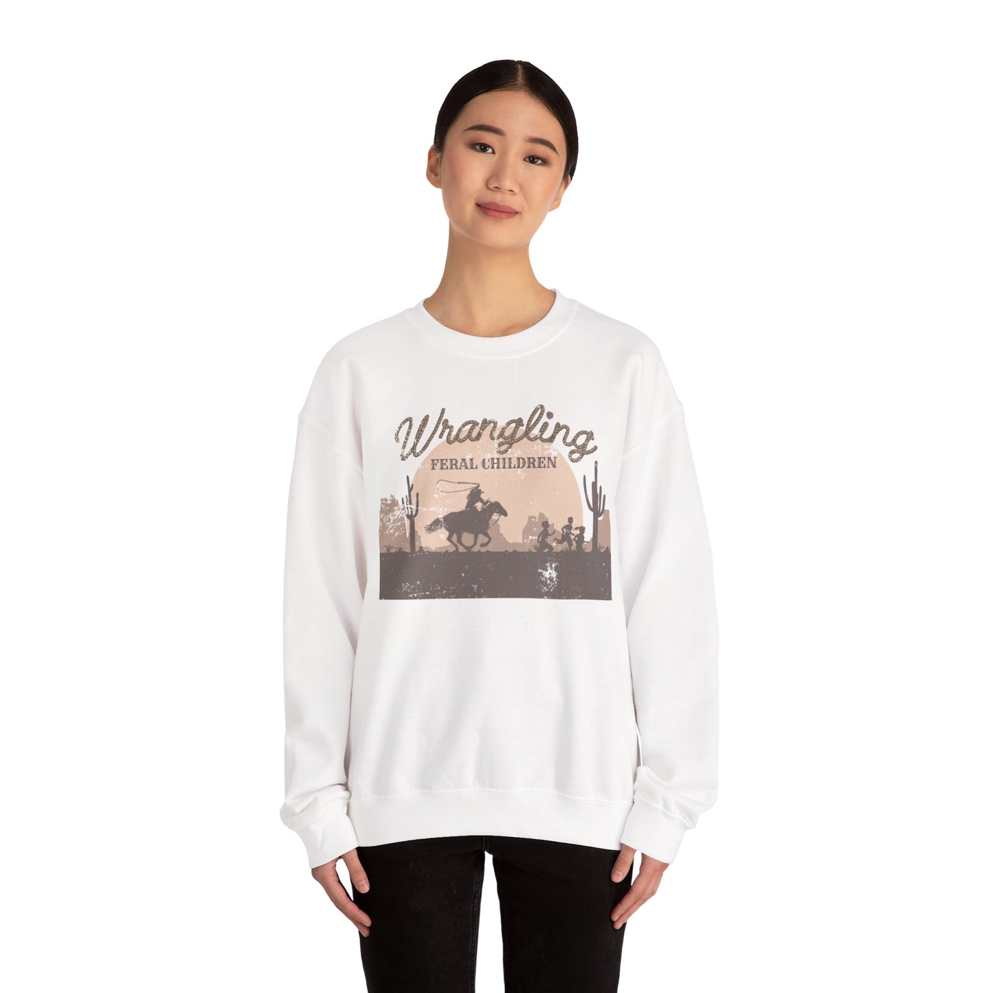 Wrangling Feral Children Crewneck Sweatshirt, Cozy Unisex Sweater, Western Style, Gift for Cowboy Lovers, Casual Everyday