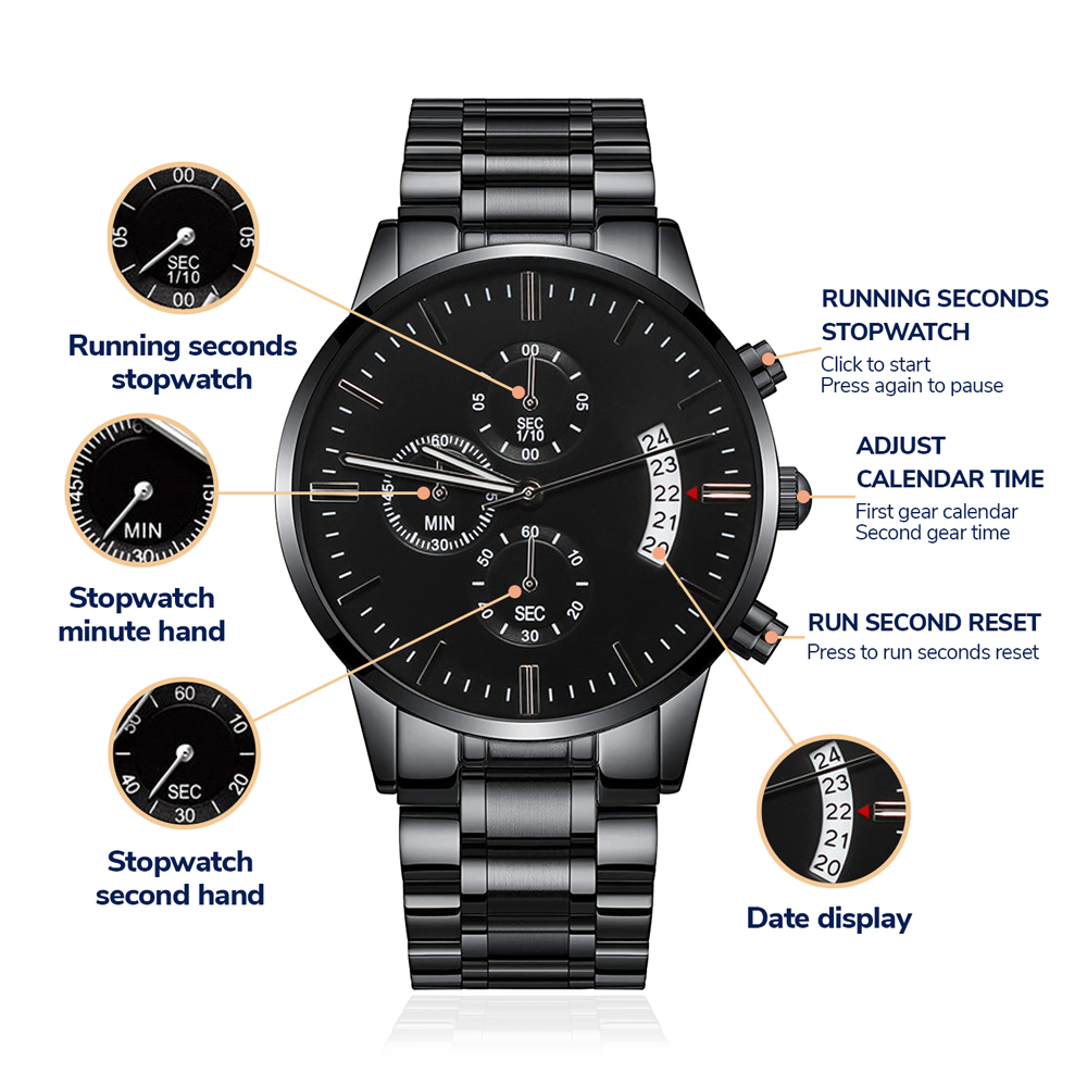 Personalized Black Chronograph Watch for Men – Custom Engraved Gift for Husband, Dad, Groomsmen, Anniversary or Father's Day