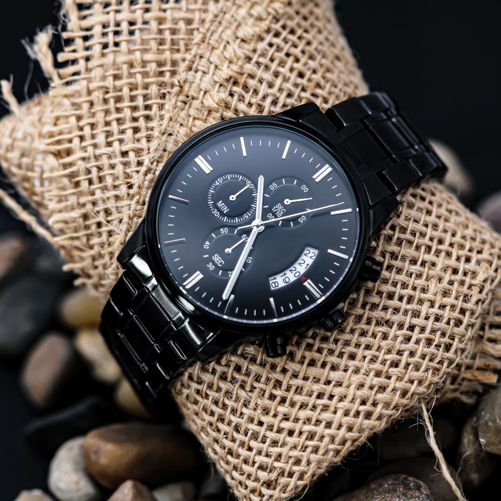 Personalized Black Chronograph Watch for Men – Custom Engraved Gift for Husband, Dad, Groomsmen, Anniversary or Father's Day