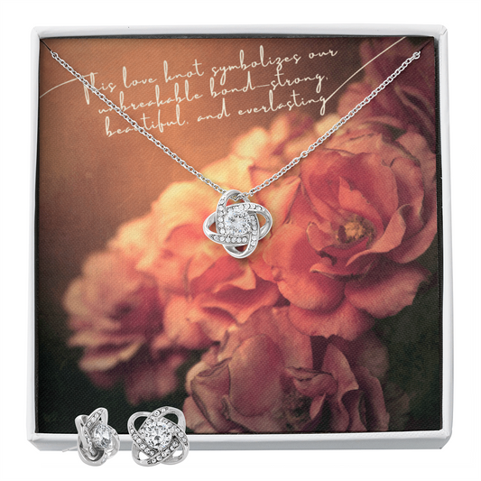 Love Knot Necklace & Earring Set – 14k White Gold over Stainless Steel, Cubic Zirconia Jewelry Gift for Her – Anniversary, Birthday, Mother's Day