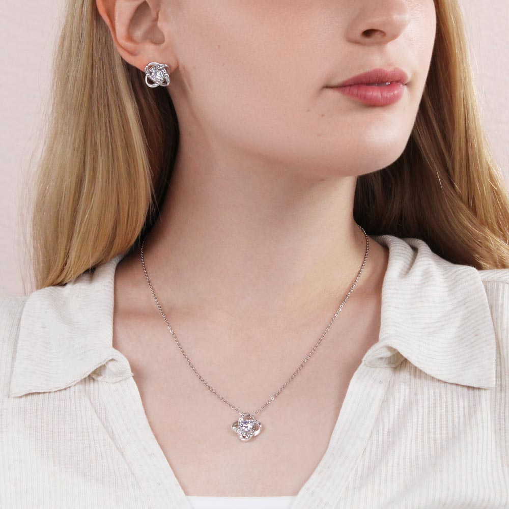 Love Knot Necklace & Earring Set – 14k White Gold over Stainless Steel, Cubic Zirconia Jewelry Gift for Her – Anniversary, Birthday, Mother's Day