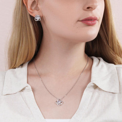 Love Knot Necklace & Earring Set – 14k White Gold over Stainless Steel, Cubic Zirconia Jewelry Gift for Her – Anniversary, Birthday, Mother's Day