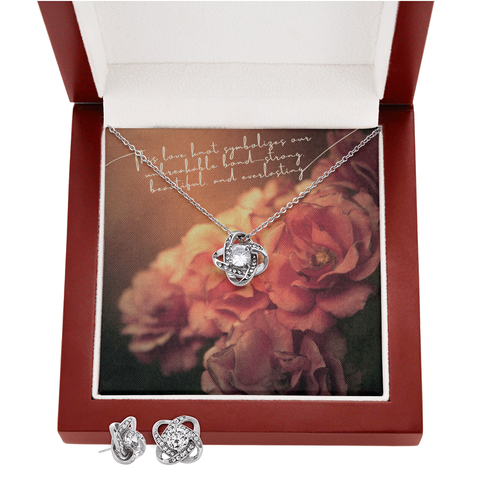 Love Knot Necklace & Earring Set – 14k White Gold over Stainless Steel, Cubic Zirconia Jewelry Gift for Her – Anniversary, Birthday, Mother's Day