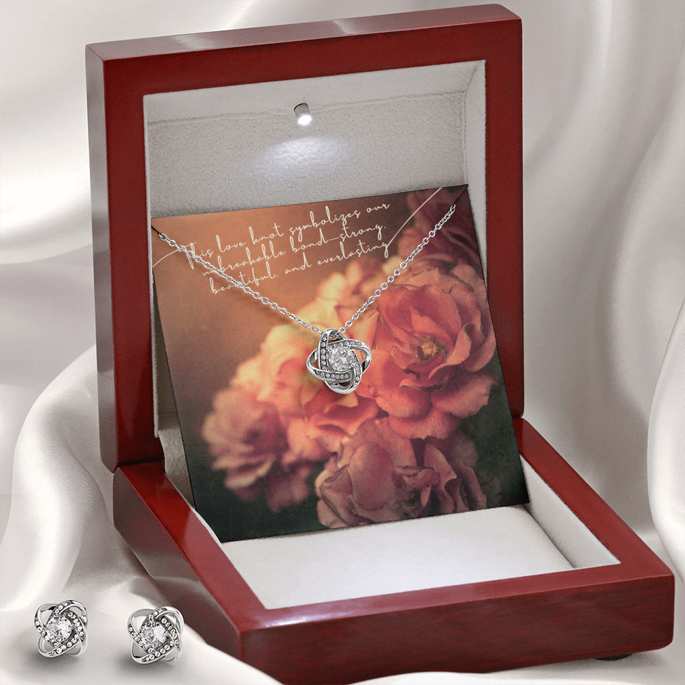Love Knot Necklace & Earring Set – 14k White Gold over Stainless Steel, Cubic Zirconia Jewelry Gift for Her – Anniversary, Birthday, Mother's Day