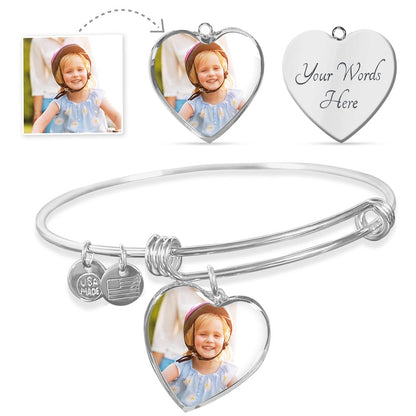 Personalized Photo Heart Bangle - Custom Engraved Jewelry - Stainless Steel & 18K Gold - Made in USA Gift