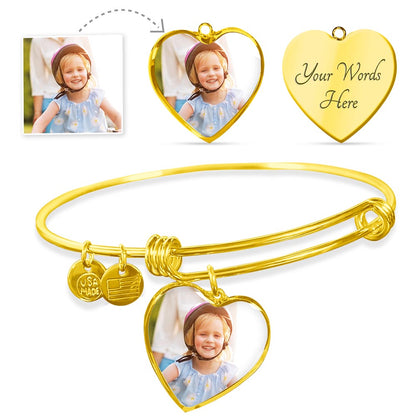 Personalized Photo Heart Bangle - Custom Engraved Jewelry - Stainless Steel & 18K Gold - Made in USA Gift